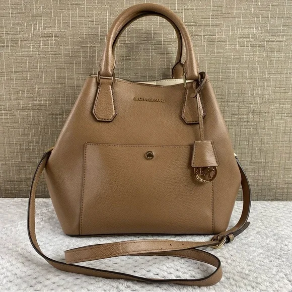 Michael Kors Greenwich Large Saffiano Leather Grab Bag Satchel Crossbody Tan - Picture 2 of 15